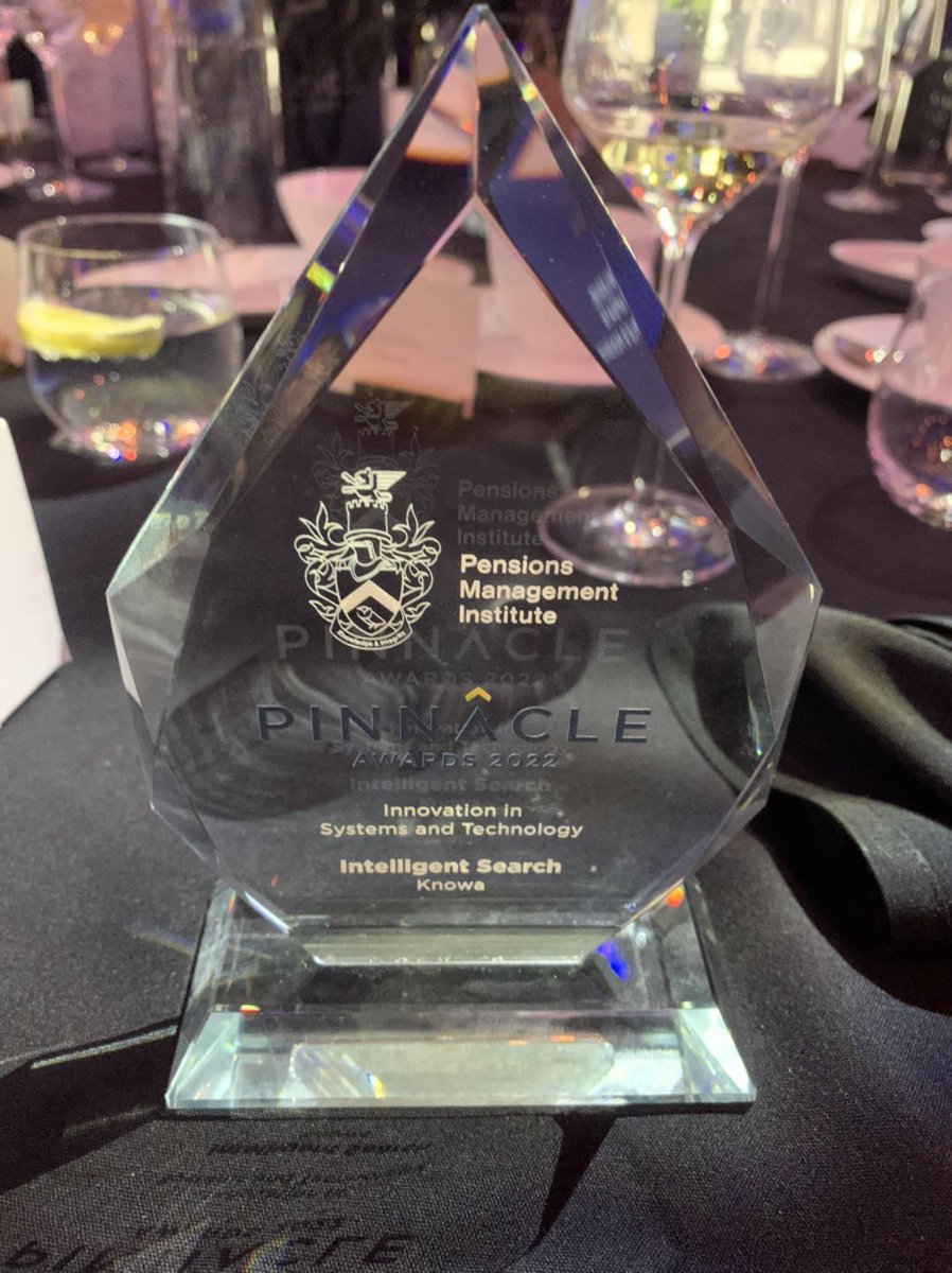 knowaplatform's tweet image. 🏆Thank you @PMIPensions #PinnacleAwards22 for recognising Knowa’s AI powered Intelligent Search for the Innovation in Systems &amp;amp; Technology award. What a wonderful evening!🍾