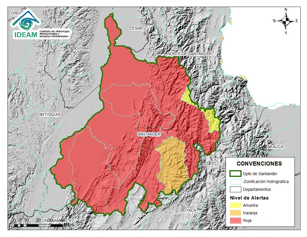 IDEAMColombia's tweet image. #AlertaHidrológica Especial atención por el aumento en el nivels de los ríos en el departamiento de Santander. Actualmente en alerta roja se encuentran las subzonas de los ríos Sogamoso, Lebrija, Carare, Suárez, Chicamocha y Directos al Magdalena entre ríos Negro y Carare.