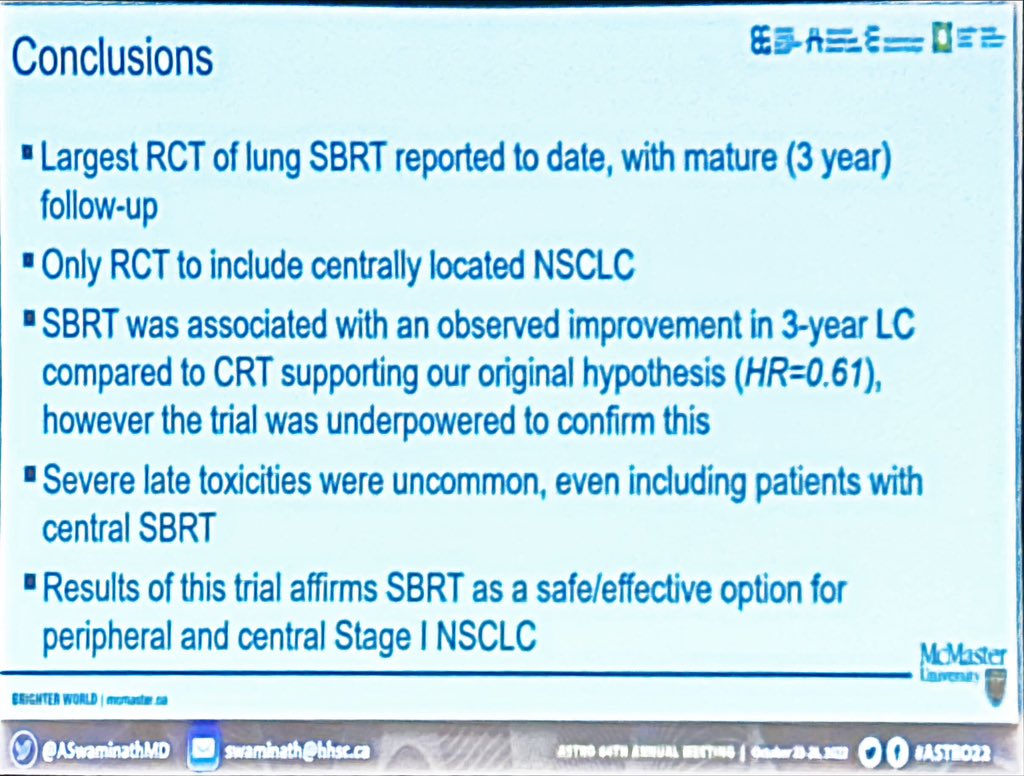 Late breaking #ASTRO22 - LUSTRE phase III N=233, randomised SABR vs conventional #radiotherapy in #lungcancer median F/U 3.1 yrs. BOTH central and peripheral tumours. Closed earlier than expected, no statistical diff between arms. So close!! 🫣 @OncoAlert #radonc #lcsm