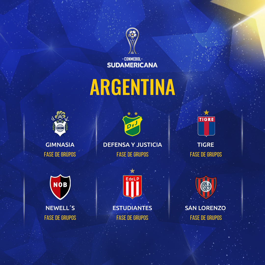 SudamericanaBR's tweet photo. 🇦🇷👋🏼 Os classificados da Argentina à Fase de Grupos da CONMEBOL #Sudamericana 2023!

✅ @gimnasiaoficial 
✅ @ClubDefensayJus 
✅ @catigreoficial 
✅ @Newells 
✅ @EdelpOficial 
✅ @SanLorenzo 

#GrandeConquista https://t.co/vFjsYSfGNA