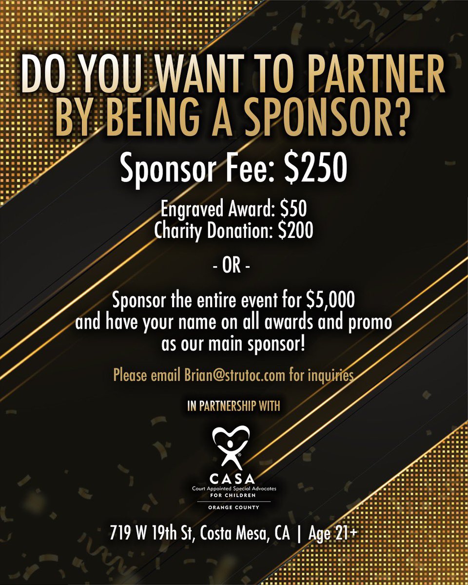 strutoc's tweet photo. We are still in need of some #sponsors for our event next month! Please DM or email to inquire more ♥️ #strutawards #giveback #forthechildren #casaoc https://t.co/F2I02ktaI3