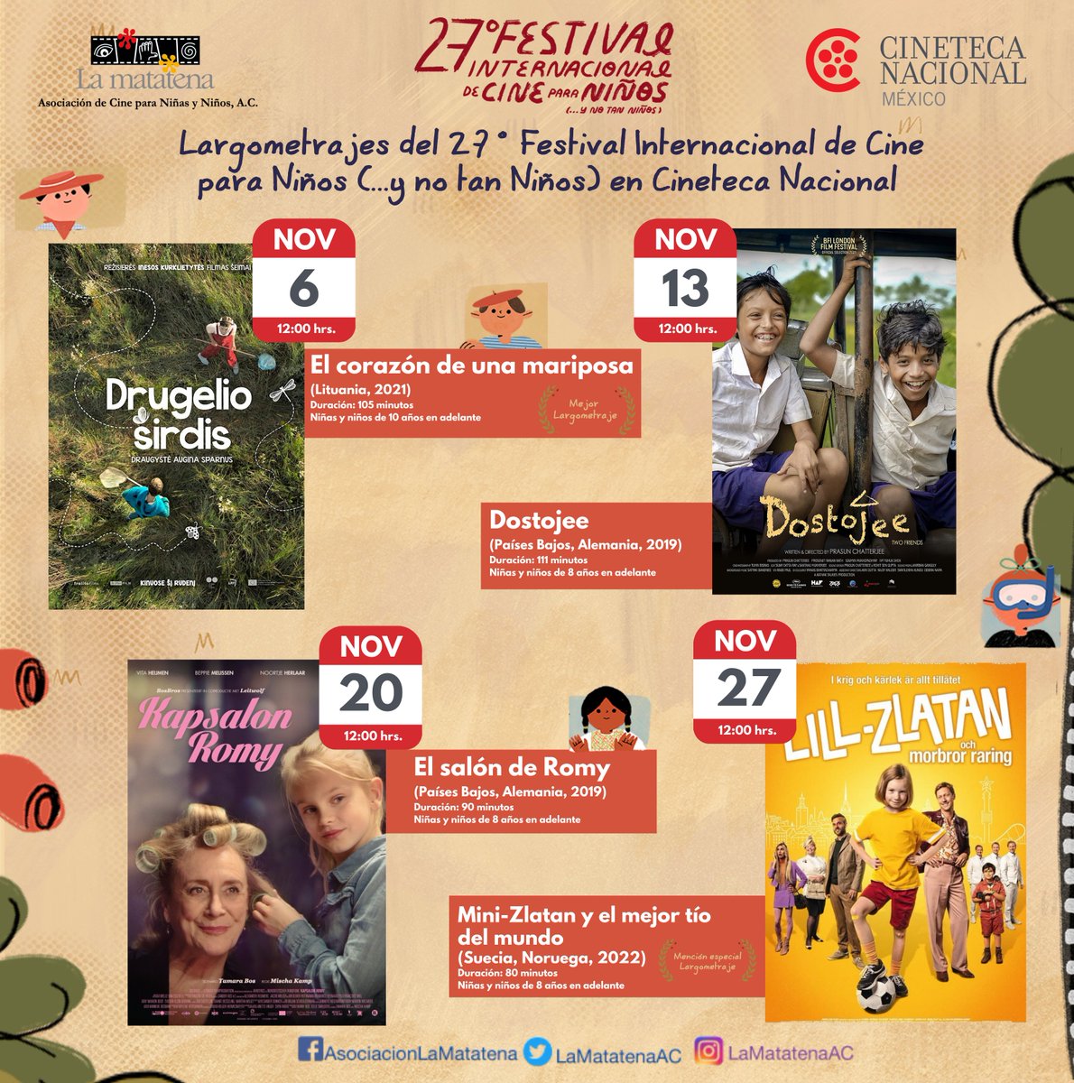 ¡Los domingos de noviembre serán de película en familia! Acompaña a @LaMatatenaAC este 6, 13, 20 y 27 de noviembre a las 12h en las Salas de @CinetecaMexico. Todos los detalles 👉🏽bit.ly/3W6afnB