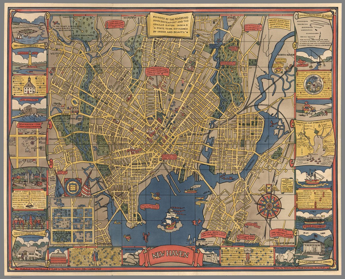 A fun pictorial #map of New Haven, CT: likely made as advertising for tourism (1928).

The border includes a ton of fun facts about the city, places of interest, etc

#connecticut #newhaven