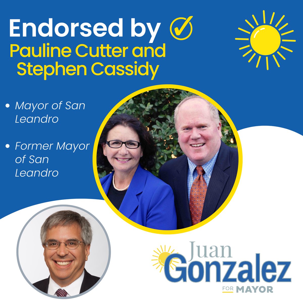JuanGonzalezSL's tweet photo. I am honored to have the joint endorsement of Mayor Pauline Cutter and Former Mayor Stephen Cassidy. Thank you Pauline and Stephen for your ongoing support!
#BrighterFuture4SanLeandro #BF4SL #SanLeandroCares #SanLeandro https://t.co/c6D00DKFqk