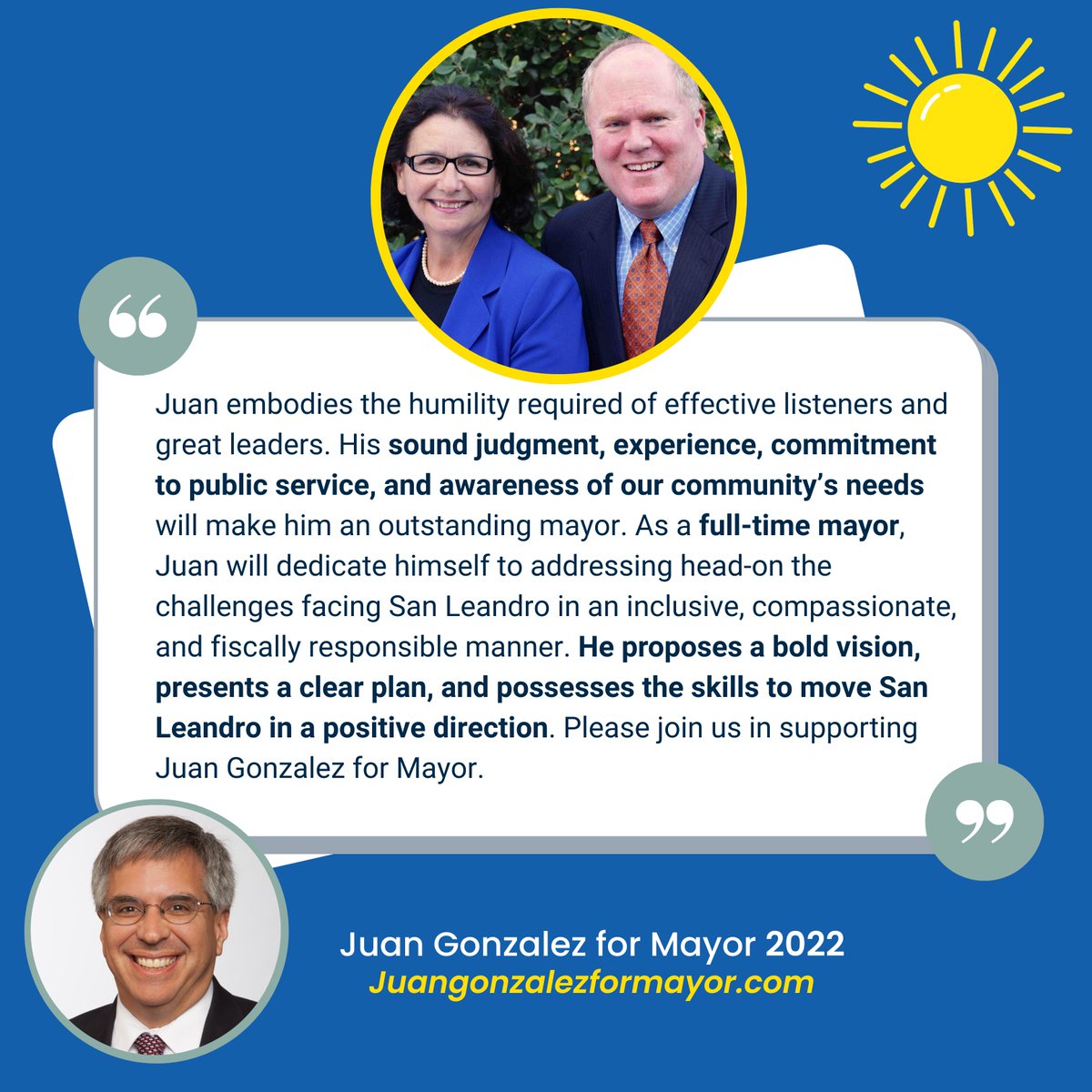 JuanGonzalezSL's tweet photo. I am honored to have the joint endorsement of Mayor Pauline Cutter and Former Mayor Stephen Cassidy. Thank you Pauline and Stephen for your ongoing support!
#BrighterFuture4SanLeandro #BF4SL #SanLeandroCares #SanLeandro https://t.co/c6D00DKFqk