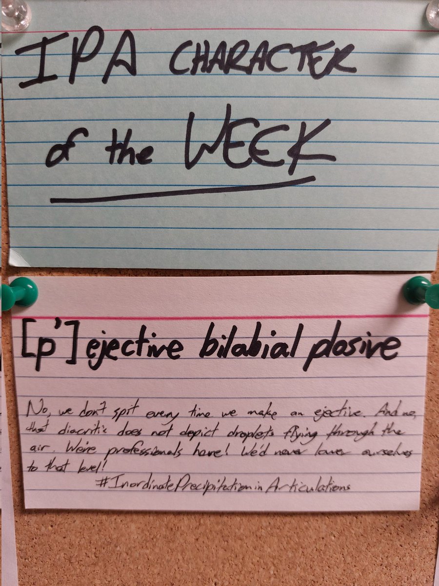 Timphon's tweet image. IPA char of the week: [p'] ejective bilabial plosive

No, we don't spit every time we make an ejective &amp;amp; no, that diacritic doesn't depict droplets flying through the air. We're professionals here! We'd never lower ourselves to that lvl!

# InordinatePrecipitationinArticulations