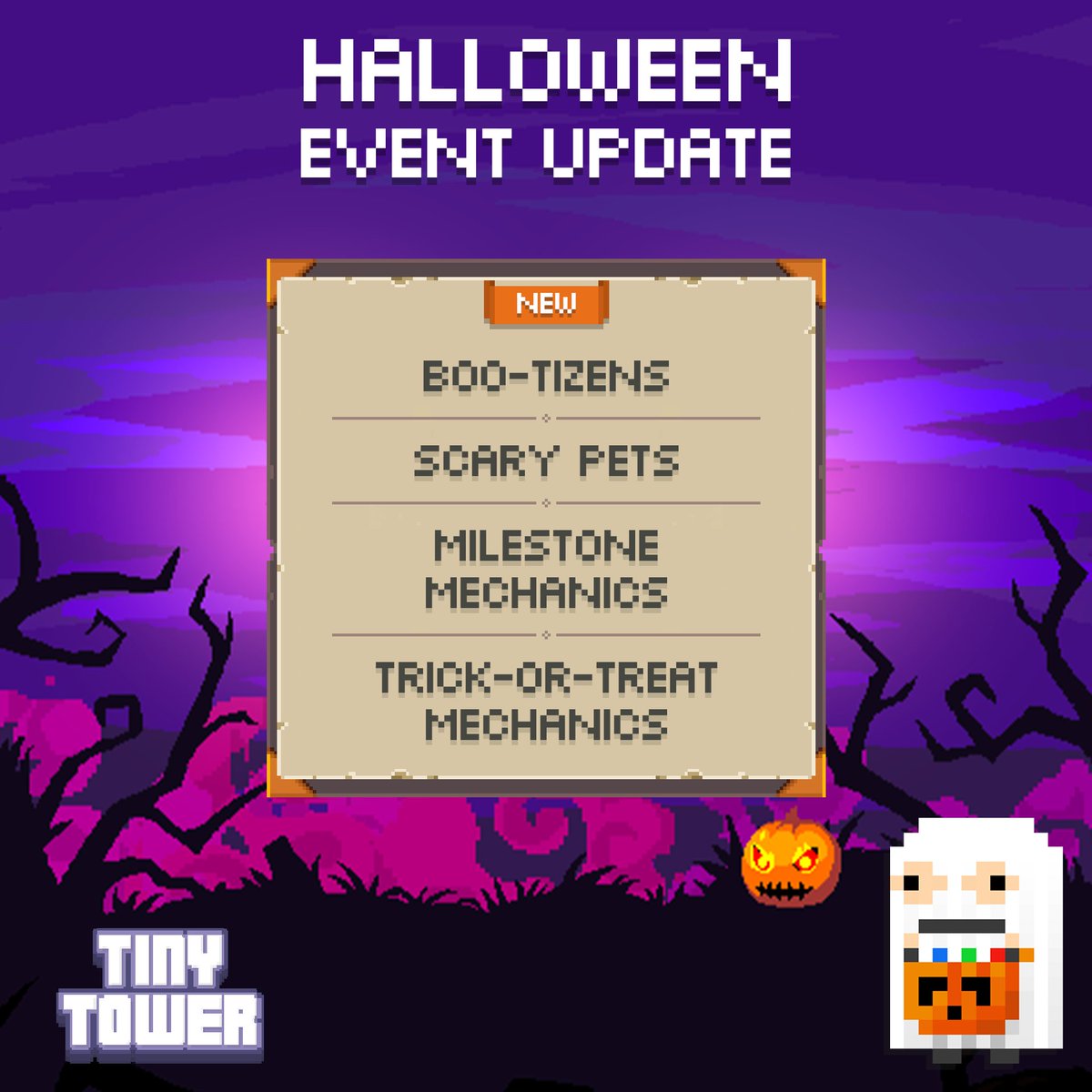 thetinytower's tweet image. Spooky season is here! 🎃 

Starting October 26th, your tower will become a place for ghosts and witchcraft. 👻 

Discover new bitizens and scary pets, go trick-or-treating, or put a massive haunted castle on your roof. 🏰

#tinytower #halloween #nimblebit #spookyseason