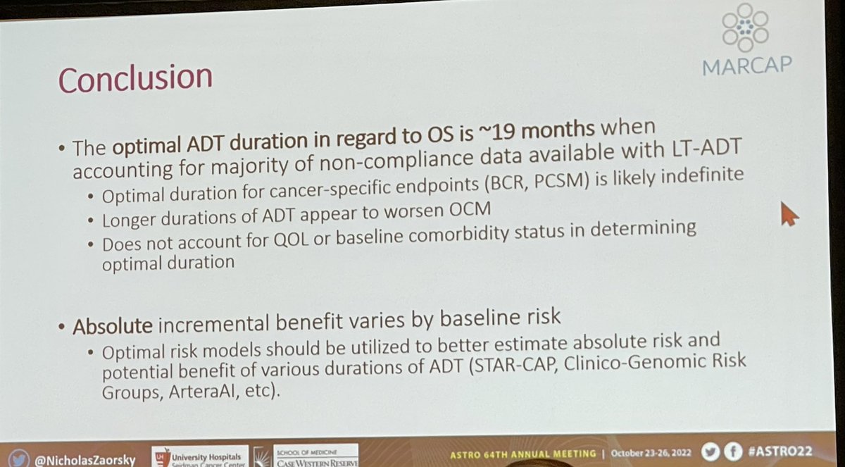 #ASTRO22 @NicholasZaorsky presenting IPD meta-analysis of 13 RCTs on optimal duration of ADT Suggests 19 months LTADT is optimal for OS, and abs risk varies by baseline risk #pcsm @OncoAlert