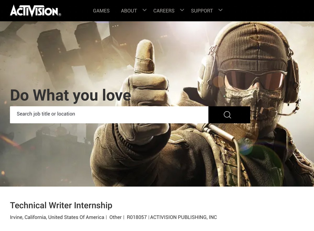 GaSo_writling's tweet photo. Looking for internship opportunities where you can apply your skillset in Writing and Linguistics? Check out Activision, creators of such epic games as Pitfall®, Tony Hawk®, Guitar Hero®, Crash Bandicoot™, Skylanders™, Bungie’s Destiny and Call of Duty. https://t.co/pQ0BMhU1zx https://t.co/mmcw6ll4y7