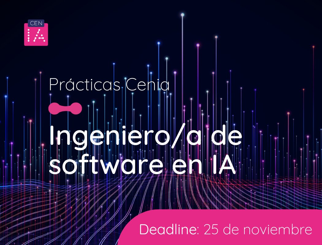 cen_ia's tweet photo. ¡Haz tu práctica profesional en @cen_ia! 📢Postula hasta el 25 de noviembre y complementa tu formación junto a nuestro equipo de profesionales en inteligencia artificial e ingeniería de software. Más información 👉 https://t.co/W2n2plZLWg https://t.co/YfsYLkXewM