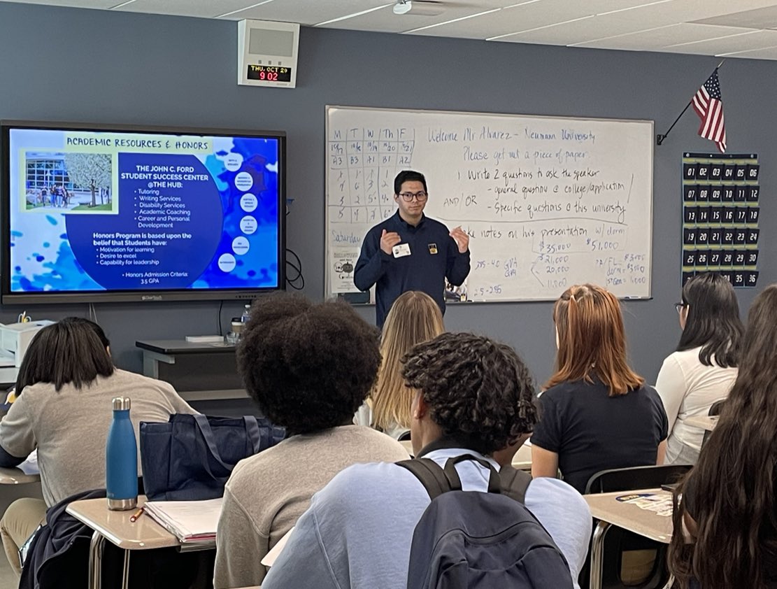 NeumannUniv's tweet photo. Neumann Admissions has been on the road, grinding all fall. Shout out to David Alvarez for sharing the Neumann story to students in Miami, Florida at Somerset Academy. https://t.co/NE4x4YF8DY