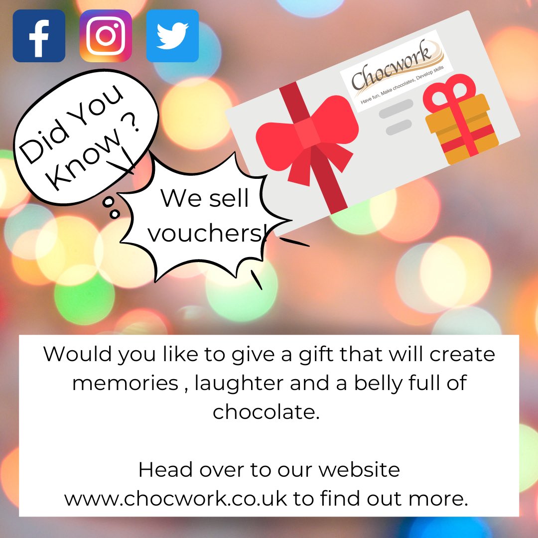 Choc_work's tweet photo. Do you want to give a gift with a difference?
How about a voucher towards a Chocolate workshop.
Head over to https://t.co/qUS38z3i1s and send us a message to find out more.

#giftideas #chocolate #chocolateworkshop #dacorum #boxmoor #hemelhempstead #giftforfriendsandfamily https://t.co/aUXsrgfaAS
