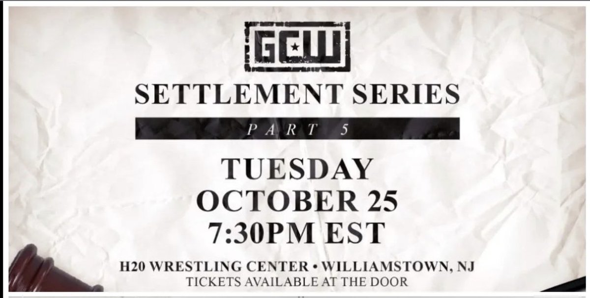 TONIGHT @GCWrestling_ returns to the @H2OWrestlingCtr for another installment of the #SettlementSeries LIVE on @indiewrestling 7:30pm EST 🎟 Available at the door