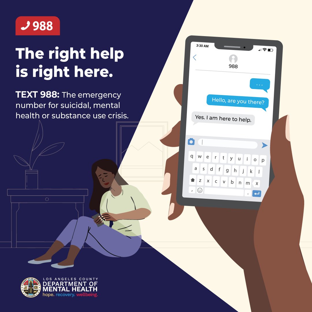 Text 988 if you or someone you know is in a mental health crisis, suicide crisis or substance use crisis and need assistance. Trained mental health professionals are here for you! #SuicidePrevention #Mentalhealth #mentalhealthsupport