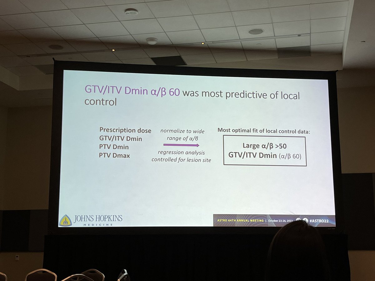 safaviaa's tweet photo. Very interesting work by Linda Cao (R5 @JohnsHopkins) at #astro22 using @Elekta CORE OMD multicentre database:

✅ LC predictive of progression and OS
✅ GTV/ITV Dmin a/b 60 most predictive of LC
✅dose thresholds for 95% LC in radioresistant histologies

#radonc https://t.co/iii2a0XPC2
