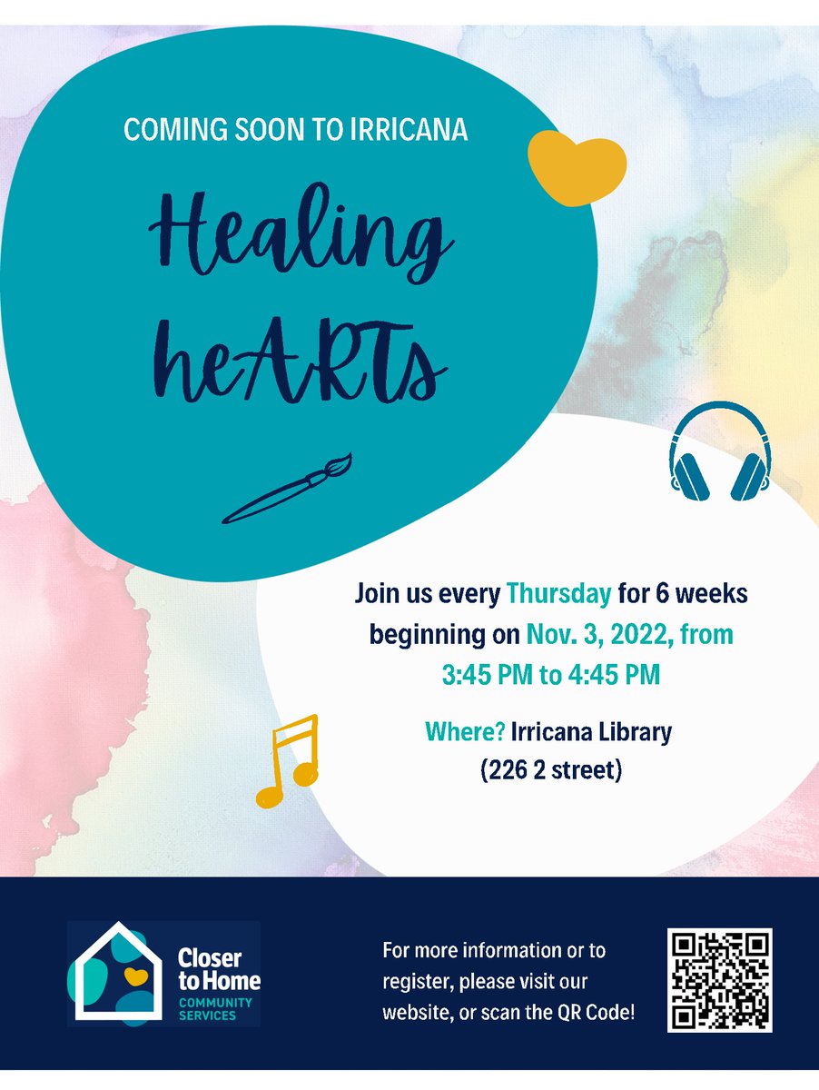 IrricanaLibrary's tweet photo. Stay tuned for Healing heARTs program coming in November. This is a music and art-based program for kids age 10 - 17, which serves to promote self esteem, confidence and more. There will be weekly prizes, guest speakers, and etc. 

Visit https://t.co/2eOPADcRpO for more info https://t.co/ITFl0PMz9E