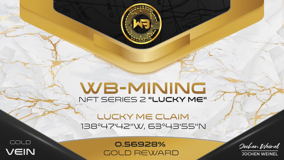 Dear #NFT Community
This is the #WBM #GoldVein #NFT from the NFT Collection named "Lucky Me".
The owner of this NFT will receive 0.56928% of the #mined #gold on the #LuckyMe #Claim. Unique.

wb-mining.com/nft/