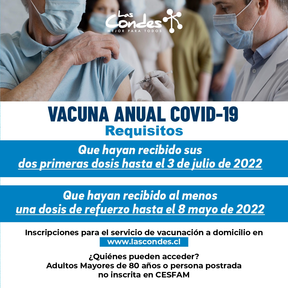 ¡ATENCIÓN 💉! Desde mañana miércoles 26 de octubre comienza la vacunación anual para personas mayores de 80 años 👴👵 
📍 Vacunatorio Apoquindo (Av. Apoquindo 6060)
🏠 Inscripciones para el servicio de vacunación a domicilio desde el 26 al 30 de oct. en lascondes.cl