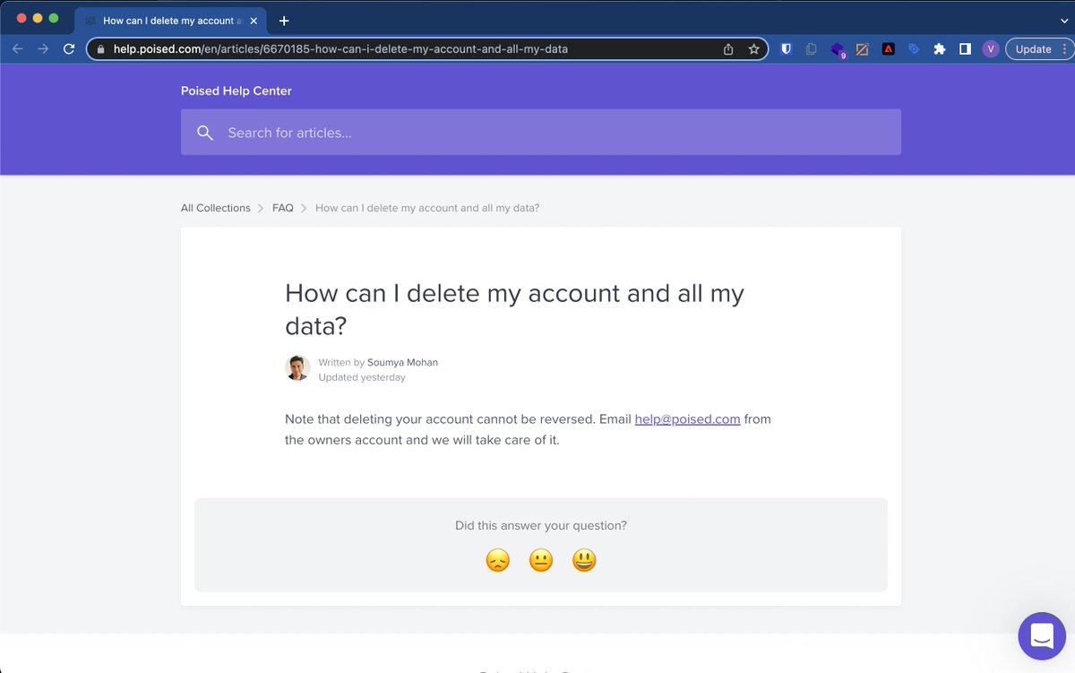 VishRepaka's tweet photo. @poisedhq can you please help me delete my account? The contact email as per your help desk docs returns an "address not found" error. Thx! https://t.co/Ob1U2JWsEj