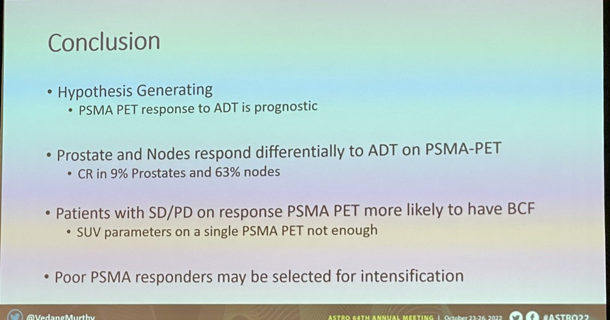 #ASTRO22 @VedangMurthy with a great presentation showing us that a steeper decline in absolute/relative nodal SUVmax on PSMA PET w neoadjuvant ADT a/w ⬇️ probability of BCF post RT in node positive #prostatecancer #pcsm @OncoAlert