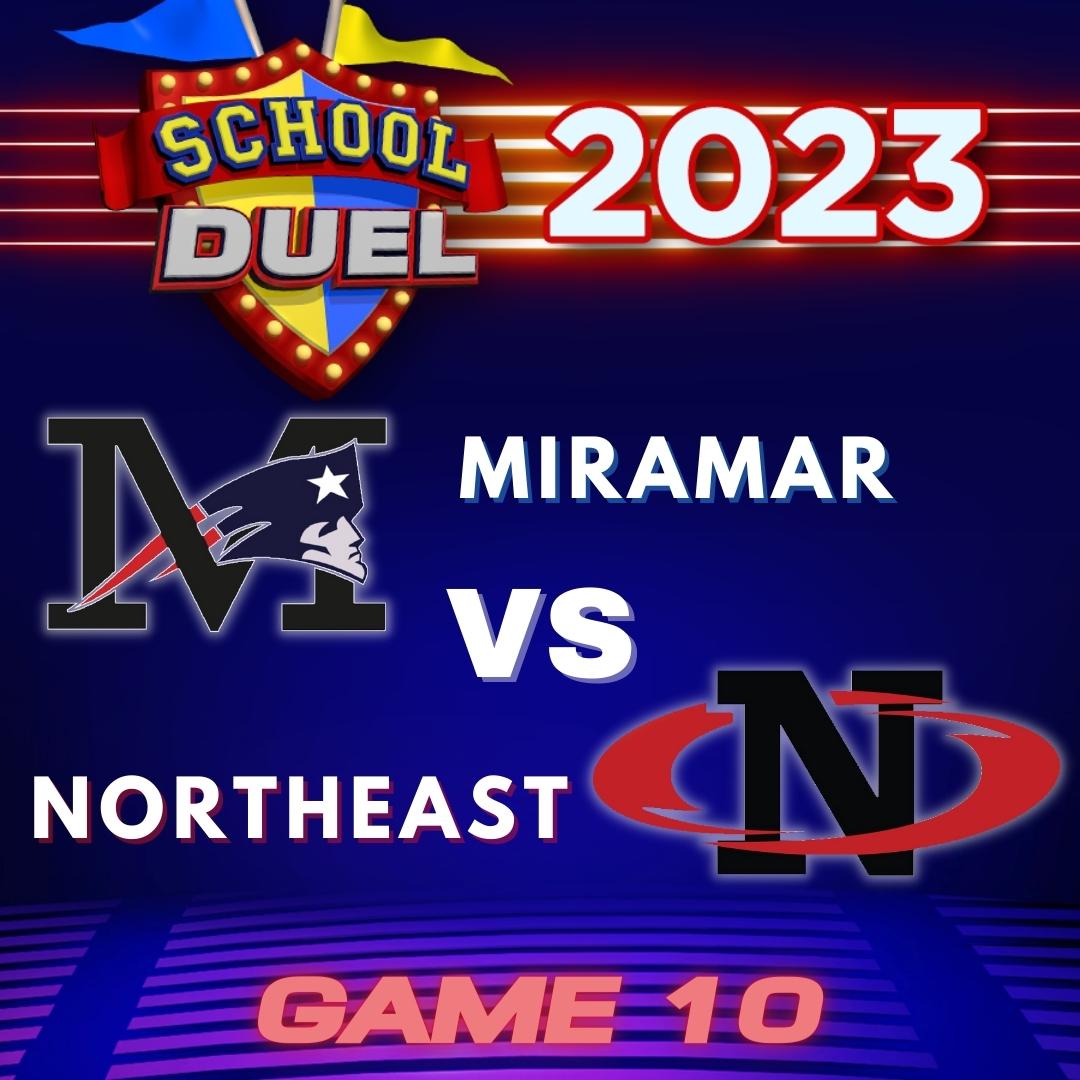 Here we go.. Game 10 will be #MiramarHigh vs #NortheastHigh Who will you be rooting for?⁣ Let us know in the comments ⁣⁣ ⁣Come back tomorrow to find out which two schools play in Game 11 of #SchoolDuel2023!!⁣ #WhoPlaysWho #SchoolDuel23 @msformoso @NHS_Magnet @nehs_sga