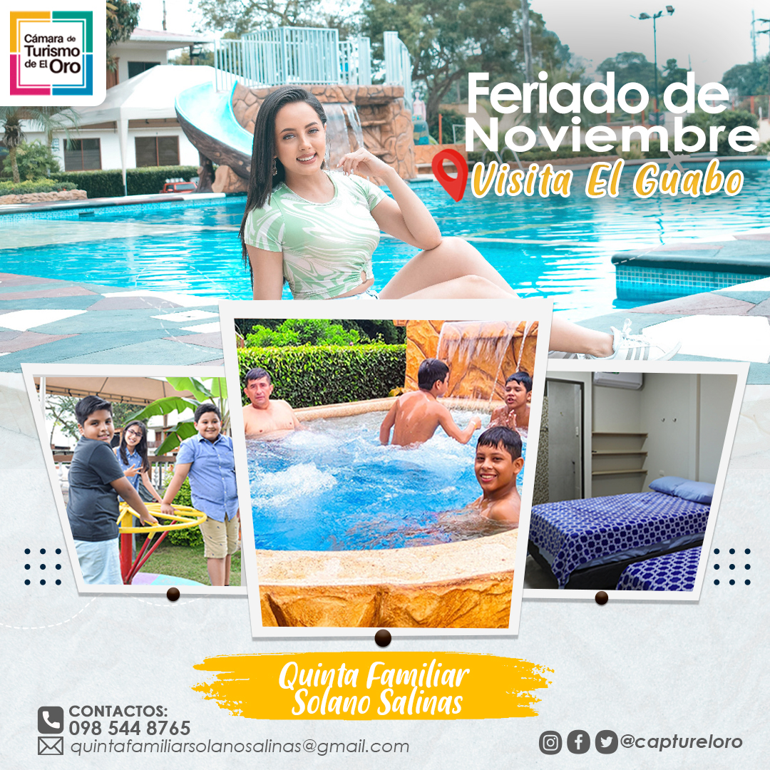 #FeriadoNoviembre
En El Oro, #ElGuabo es tu destino 😎
Te espera #LaQuintaFamiliarSolanoSalinas Ven y disfruta junta a tu familia 👨‍👩‍👧 podrás relajarte y divertirte en sus diferentes áreas recreativas🏓🏐⚽️
Reservas : 0985448765
Ubicación: Y de Tillales, Vía a El Guabo.