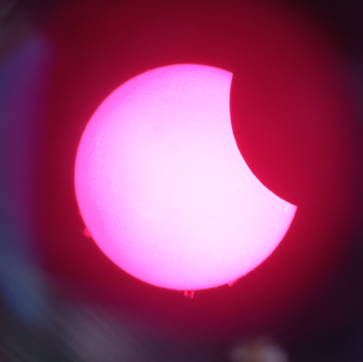 AstroGary's tweet photo. Today's partial eclipse from England.
Lunt 35mm Ha scope and phone camera. https://t.co/JGQ84aacWq