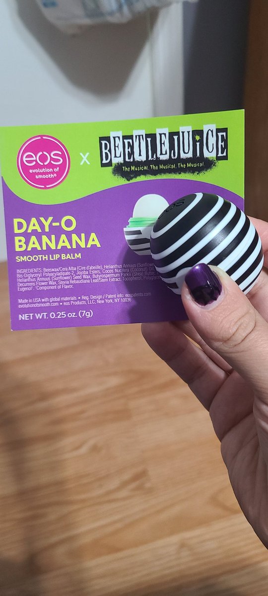 This Lip Balm is amazing and now  my Dayy-O is Banana made <a href="/eos/">eos</a> <a href="/BeetlejuiceBway/">Beetlejuice on Broadway</a> #Beetlejuice #lipbalm 👏👏👏👻💚💜💚👻
