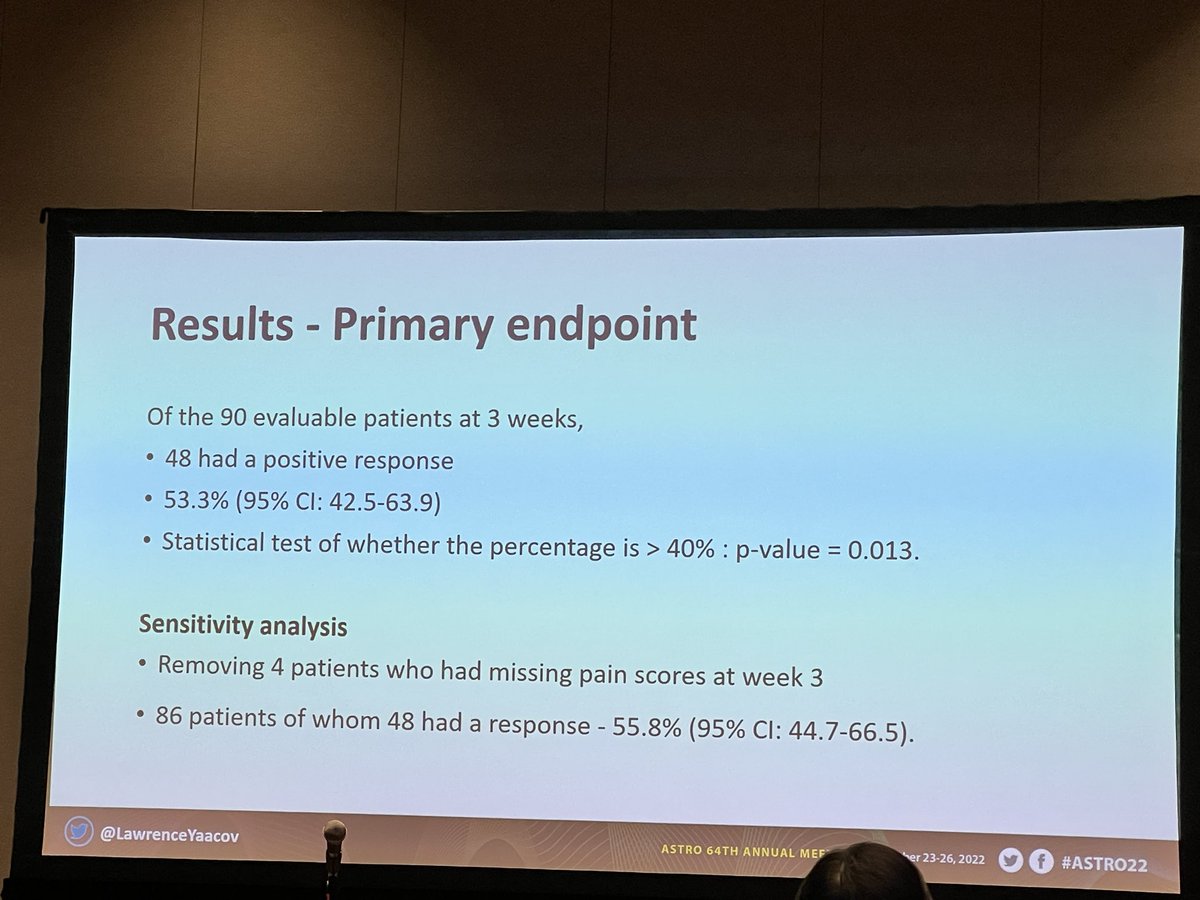 New indication for RT: Celiac plexus SBRT for pain relief from pancreatic ca by @LawrenceYaacov. 25 Gy/1 to celiac plexus, 53.3% had reduction in pain at 3 weeks. Sig decrease in opioids at 6 weeks. Search YouTube “celiac plexus radio surgery” for contouring help. #ASTRO22