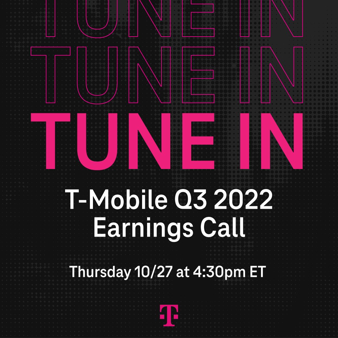 $TMUS Q3 2022 results will be released on Thursday, October 27 at approximately 4:00pm ET. Tune in live to watch <a href="/TMobile/">T-Mobile</a> CEO, <a href="/MikeSievert/">Mike Sievert</a> and other T-Mobile executives discuss the results at 4:30pm ET.

Learn more: t-mo.co/3f6RHmK