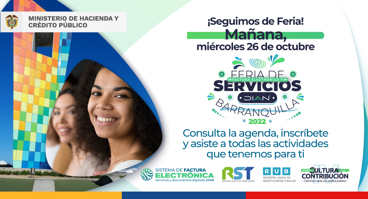 DIANColombia's tweet photo. 📅 Agéndate ya para realizar tus trámites, recibir orientación y asistir a conferencias, en nuestra Feria de Factura Electrónica y Servicios. Consulta la agenda e inscríbete aquí 👉: https://t.co/Yxv35RqV16 https://t.co/9tOpcxVeex