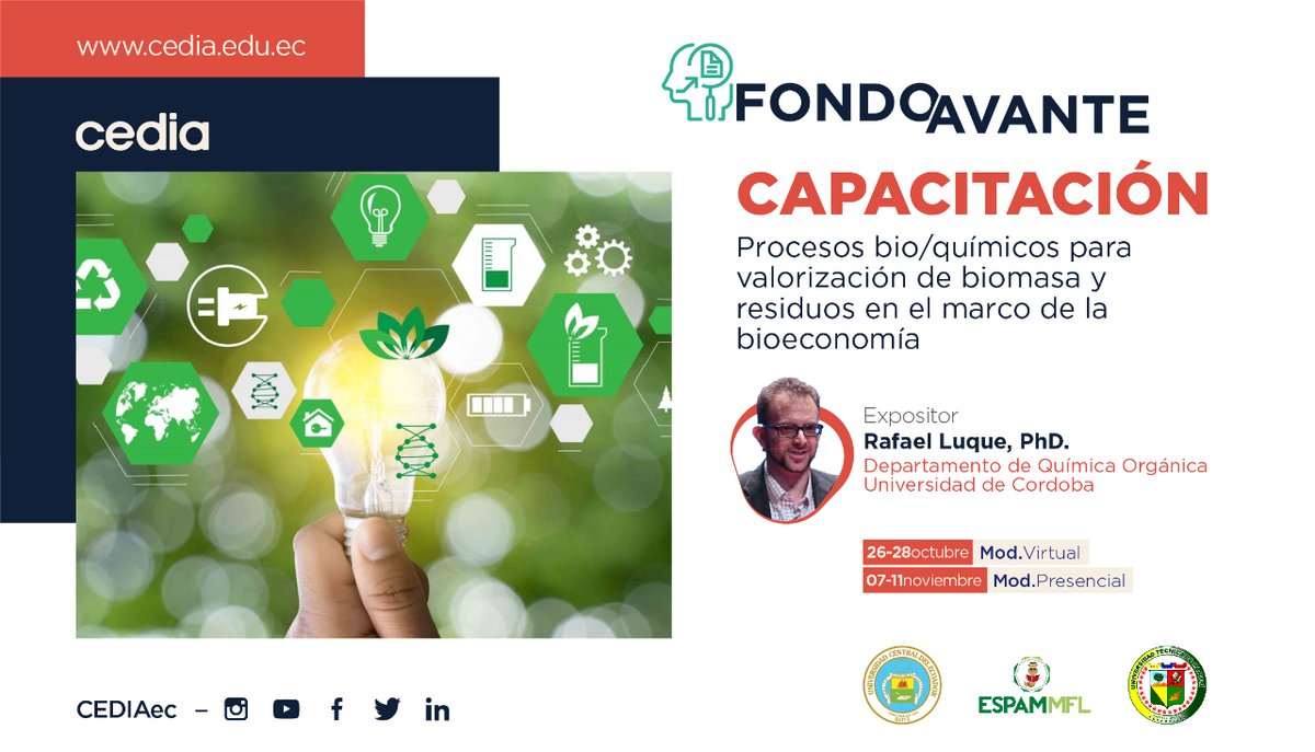 CEDIAec's tweet photo. 𝐅𝐎𝐍𝐃𝐎 𝐀𝐕𝐀𝐍𝐓𝐄|| Te invitamos a la capacitación de "Procesos bio/químicos para valorización de biomasa y residuos en el marco de la bioeconomía". 
🔗Realiza tu registro en: https://t.co/lEkhDYNwCp
🌐Conoce más en: https://t.co/WB8uEobfjy https://t.co/YBXUZJQNuj