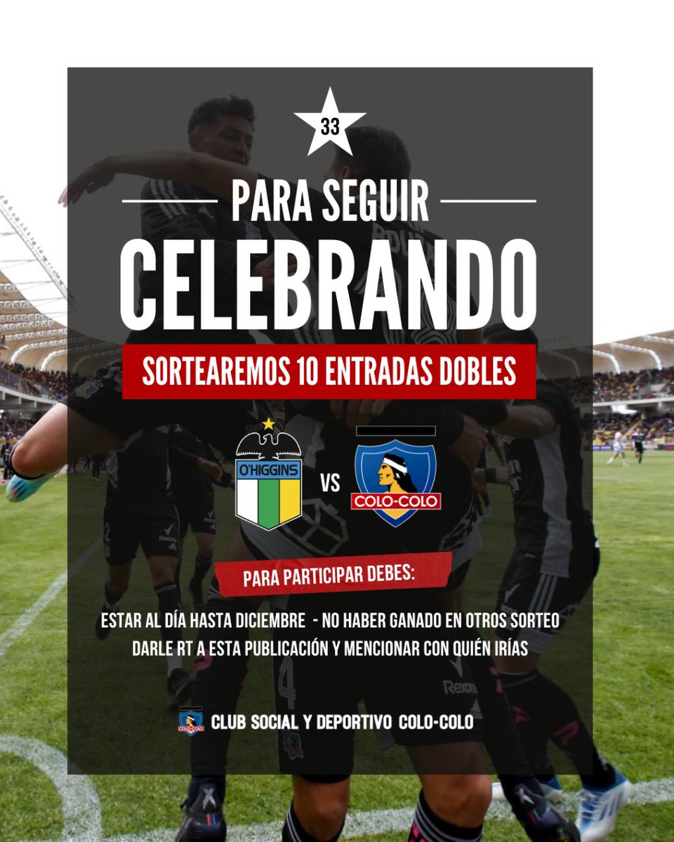 CSDColoColo's tweet photo. 𝐒𝐈𝐆𝐀𝐌𝐎𝐒 𝐂𝐄𝐋𝐄𝐁𝐑𝐀𝐍𝐃𝐎 ⭐

Este domingo daremos la vuelta en casa y queremos que nuestros socios y socias estén presentes. Participa por una de las 10 entradas dobles para Colo-Colo vs O'Higgins 🏁🤟🏾🔥

👀 Para ganar debes 👇🏽 https://t.co/ZAPHNw2O2t