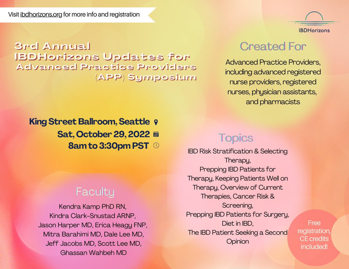 🌈Did you know we have a symposium geared specifically for APP’s — integral members of an #IBD care team?

This weekend is our 3rd annual!! #IBDHorizons22

🎟️Per requests, we’ve 𝒏𝒐𝒘 opened a virtual option &amp; there’s still time to register ibdhorizons.org