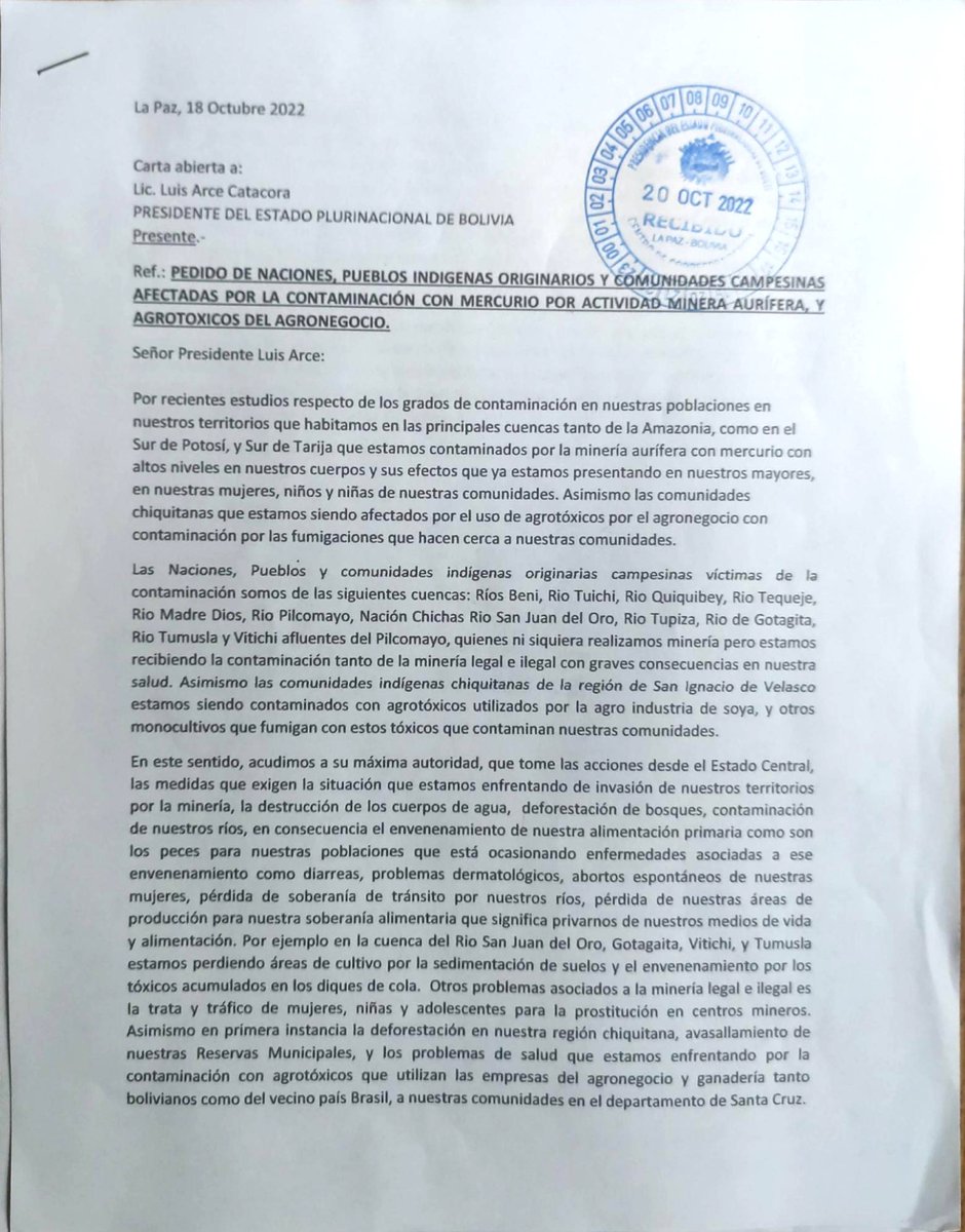 contiocap's tweet photo. Mientras estos días en La Paz #Bolivia, las poderosas y mimadas federaciones de cooperativas mineras auríferas ejercen presión p imponer sus agendas, varias comunidades indígenas, afectadas por la contaminación minera y por agrotóxicos, hemos dirigido esta carta a @LuchoXBolivia https://t.co/AtHJRjBBXl