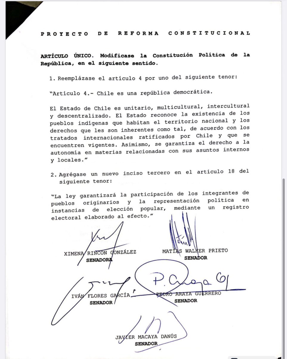 Senadores <a href="/matiaswalkerp/">Matías Walker Prieto</a>, <a href="/ximerincon/">Ximena Rincón</a>, <a href="/ifloressenador/">Iván Flores García</a>, <a href="/ArayaPedro/">Pedro Araya Guerrero</a> y <a href="/javiermacaya/">Javier Macaya</a> Presentan Proyecto de Reforma constitucional que reconoce a los pueblos originarios de Chile.
