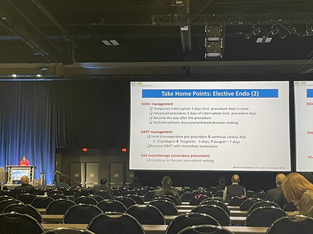 Learning elective anticoagualtion from #CardioGI  Queen 👸🏽 herself <a href="/NeenaSAbrahamMD/">Neena S Abraham MD MACG FASGE AGAF</a> 
✅ Do not bridge ! 
✅ DOAC: hold for 2 -3days (pre/post) based on procedure 
✅ s/pPCI on DAPT + polypectomy; hold plavix for 5 days and cont ASA
✅ ASA 2nd px:  continue
<a href="/AmCollegeGastro/">ACG</a>