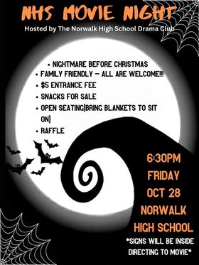 NorwalkHS_CT's tweet photo. Enjoy a spooky, family-friendly movie on Friday night! The Norwalk High School Drama Club will host a screening of "The Nightmare Before Christmas" at Norwalk High School at 6:30 p.m. https://t.co/Z2sk6xcKoA