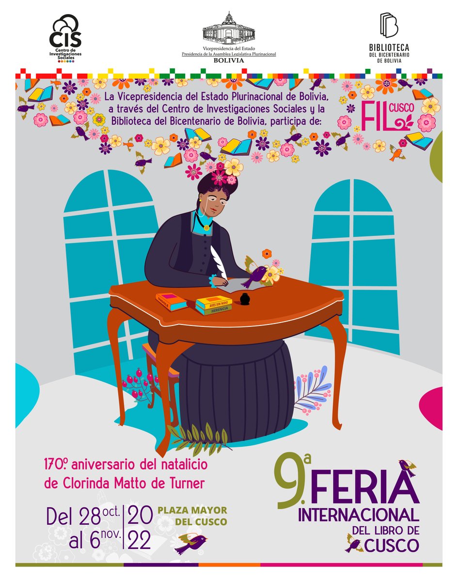 CISBolivia's tweet photo. 𝟵.ª 𝗙𝗲𝗿𝗶𝗮 𝗜𝗻𝘁𝗲𝗿𝗻𝗮𝗰𝗶𝗼𝗻𝗮𝗹 𝗱𝗲𝗹 𝗟𝗶𝗯𝗿𝗼 𝗱𝗲 𝗖𝘂𝘀𝗰𝗼
🇧🇴 Bolivia presente en la #FILCusco2022, que se realizará del 29 de octubre al 6 de noviembre en el Campo ferial de la Plaza Mayor de Cusco. https://t.co/c7LJktqjWT