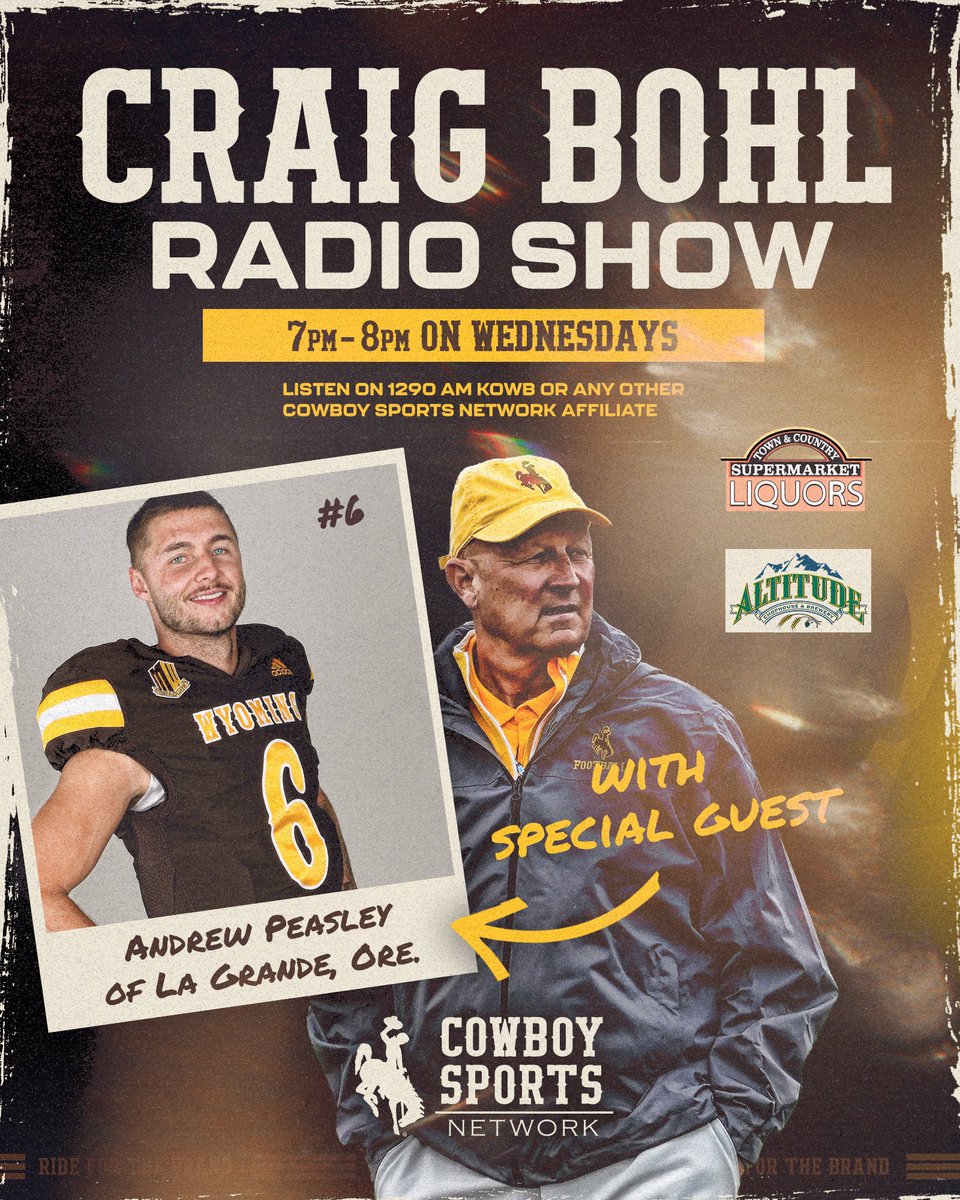 Andrew Peasley will be Wednesday’s guest on The Craig Bohl Radio Show. Join Coach and Andrew at 7 p.m. at Altitude Chophouse & Brewery in Laramie! 🤠🏈