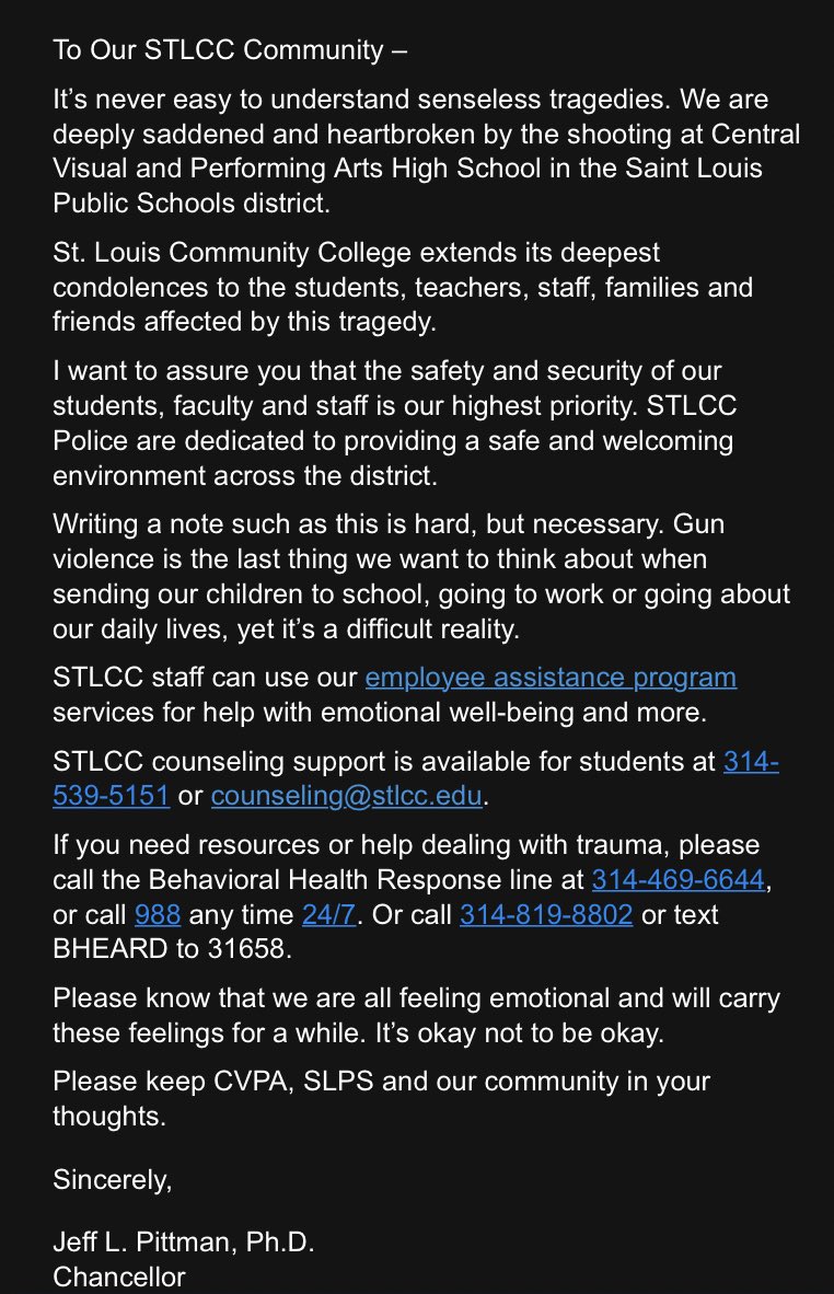 TheMontage's tweet photo. STLCC Chancellor Jeff Pittman released a statement earlier today about yesterday’s shooting at Central Visual Performing Arts High School, which can be read here.

More information about yesterday’s lockdown situation at STLCC-Forest Park can be found by pressing ALT. https://t.co/sH1nCm0GjM