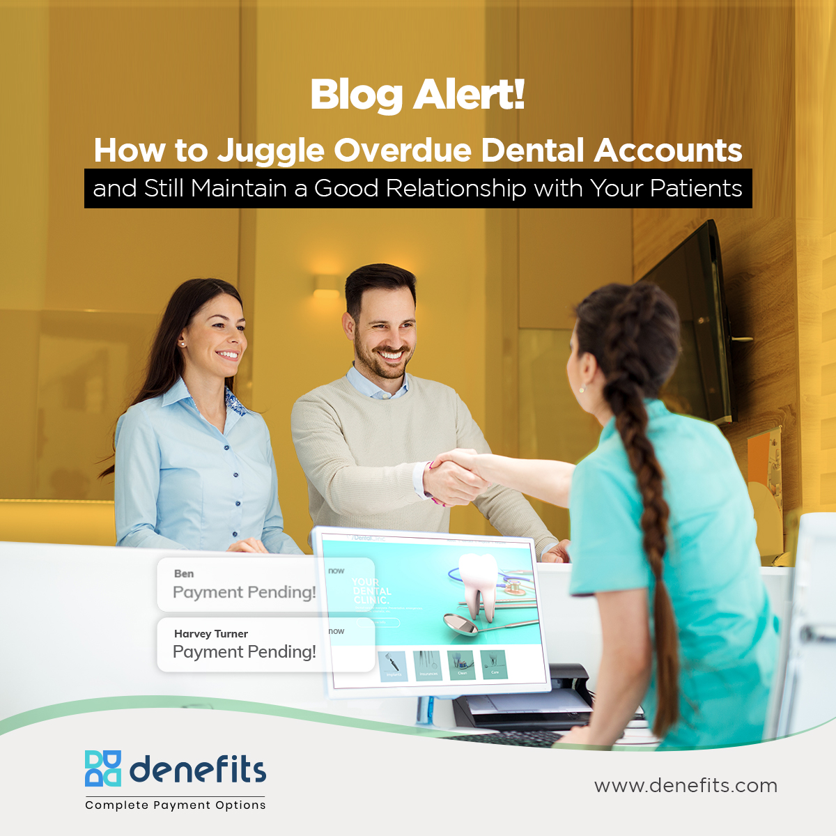 denefits's tweet image. An average dental practice has 18% of accounts receivable due for over 90 days.
Your office doesn’t have to be one. 

Read @ bit.ly/3SClT6E
#Denefits #CompletePaymentOptions #BlogAlert #FinancingOptions #PaymentPlans #DentalFinancingOptions #FlexibleDentalPaymentPlans