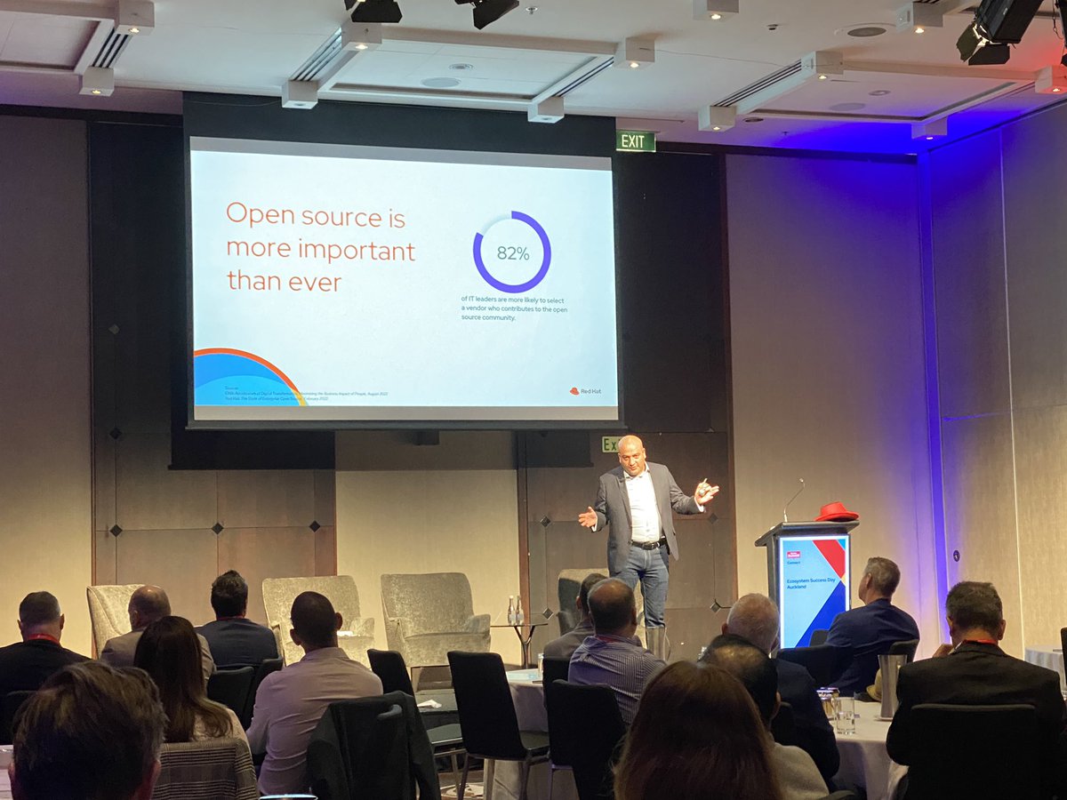 GarryJGray's tweet photo. Our #RedHat Ecosystem Success Day is underway in #Auckland. Its so great to be back in NZ, face to face, and back on stage “live” with our #redhatpartners discussing opportunities to grow; and exploring the notion our Ecosystem Unlocks Open Hybrid Cloud. #esdauckland #redhatapac https://t.co/tWsmRpEVc5