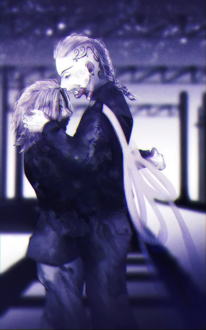 【とーまん】黒衝に身を任せるさのまを抱き締める堅ちん【#ドラマイ】直接傷口が見えるわけではないけど、堅ちんのお腹に手刀刺さってる 