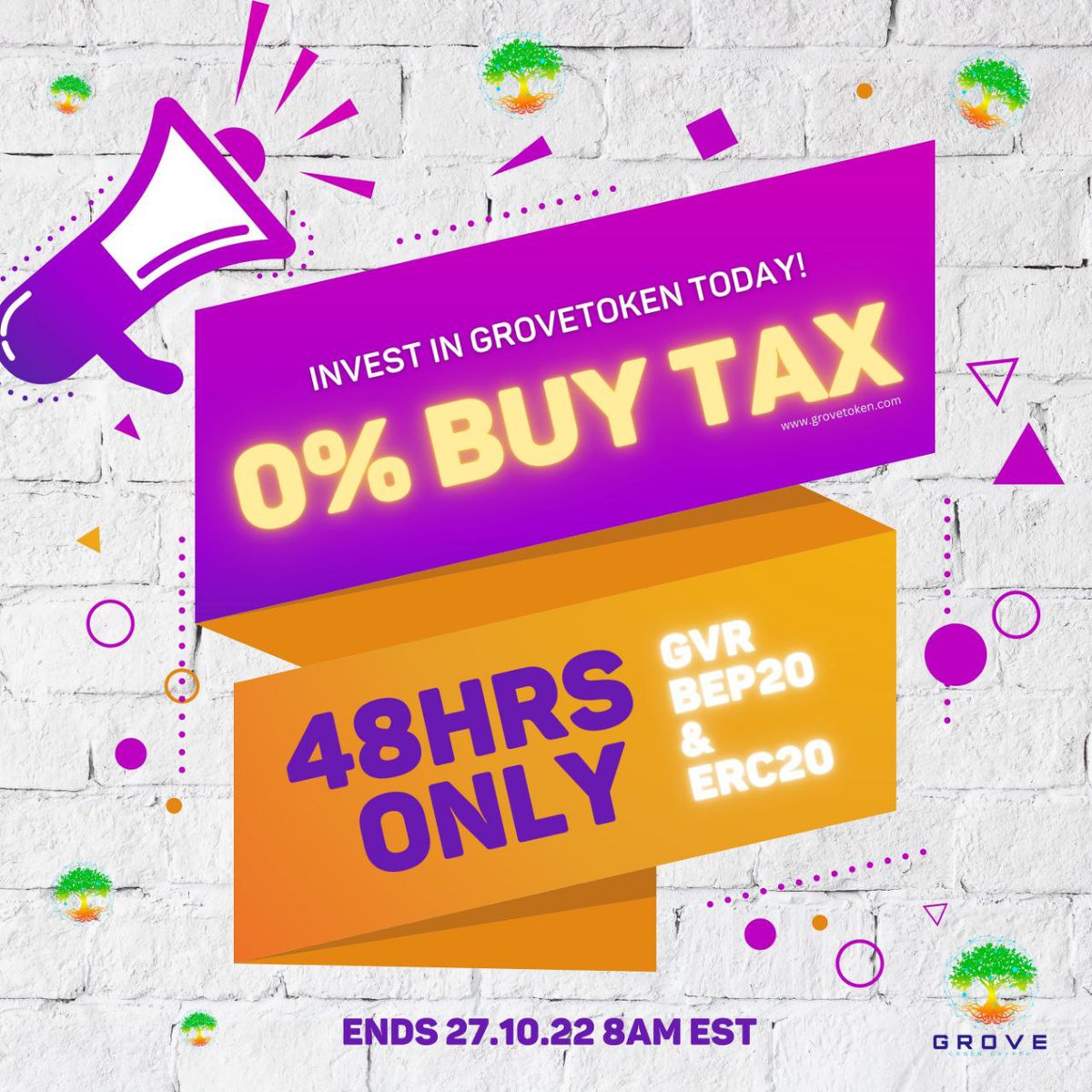 Take advantage of our temporary 0% buy tax! Already, the reflection on the chart is proving to be a massive success! 0% Buy Tax on both BEP-20 and ERC-20 contracts, offer ends 27th October at 8am EST! #GroveToken #GroveGreenArmy #GroveToTop50 #GroveBusiness #Bnb #Ethereum