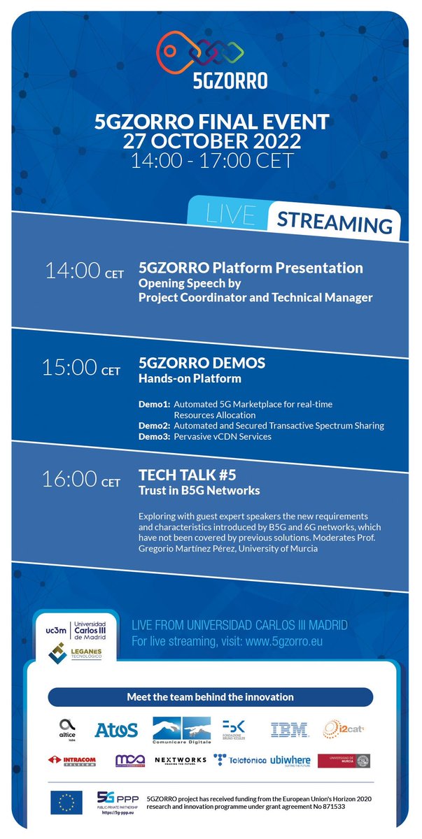 5GZORRO (@5gzorro) on Twitter photo During the Final Event on Thursday 27th, we aim to show more about the 5GZORRO innovative platform and speak with experts about the incredible opportunities offered by <a href="/EUhorizon2020/">Horizon 2020 News</a> project w/ <a href="/G_MartinezPerez/">Gregorio Martínez Pérez</a> <a href="/esthergarrido2/">esther garrido</a> <a href="/MShuaibSiddiqui/">Shuaib Siddiqui</a> <a href="/jackberno/">Giacomo Bernini</a> 5gzorro.eu During the Final Event on Thursday 27th, we aim to show more about the 5GZORRO innovative platform and speak with experts about the incredible opportunities offered by <a href="/EUhorizon2020/">Horizon 2020 News</a> project w/ <a href="/G_MartinezPerez/">Gregorio Martínez Pérez</a> <a href="/esthergarrido2/">esther garrido</a> <a href="/MShuaibSiddiqui/">Shuaib Siddiqui</a> <a href="/jackberno/">Giacomo Bernini</a> 5gzorro.eu