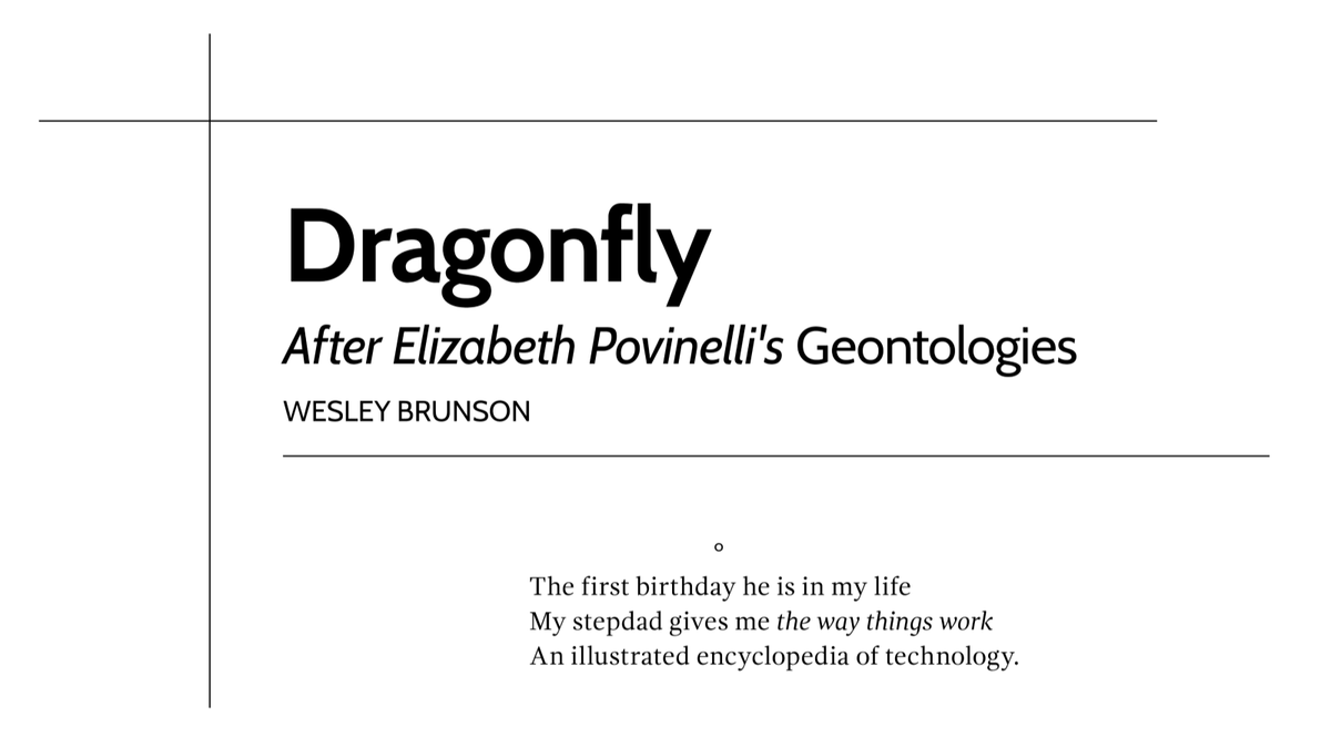 UnderCurrentsYU's tweet photo. @wesbrunson 's “Dragonfly” disrupts linear notions of time in a poetic attempt at answering a question that Elizabeth Povinelli asks in the book Geontologies: ”What does life desire?” Check it out at https://t.co/Sk5cVB4eCW. https://t.co/L87JBKlkAO