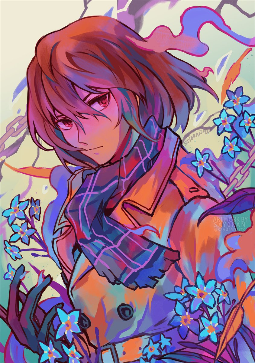 solo flower scarf gloves chain brown hair coat  illustration images