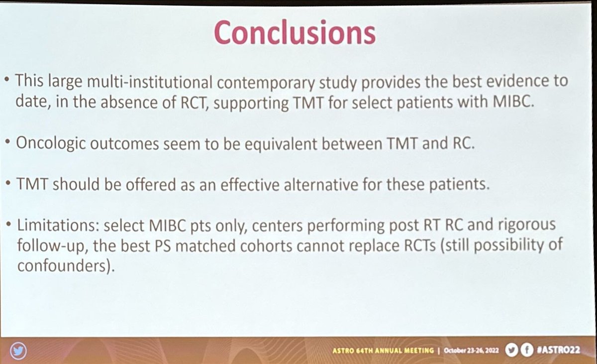 Trimodality bladder preservation versus cystectomy for muscle invasive bladder cancer; matched cohort #ASTRO22 @OncoAlert. Dr J Efstathiou - outcomes similar for TMT versus cystectomy. 13% required salvage cystectomy, but did not impact survival. Hydronephrosis a bad player ☹️