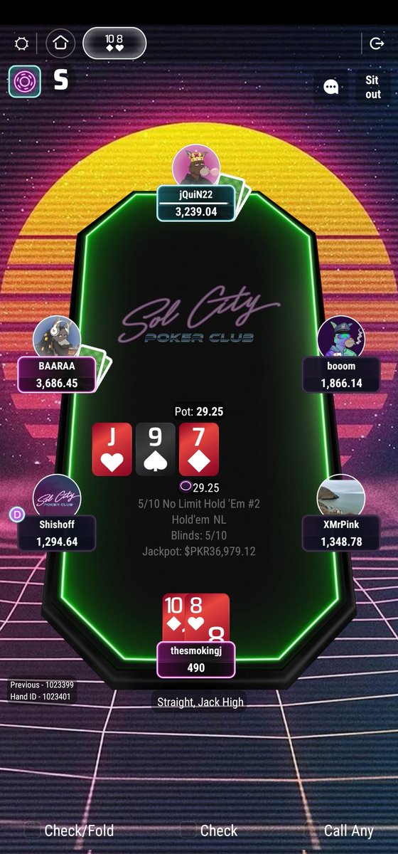 thesmokingjay's tweet photo. @SCPokerClub Waiting to start my shift, playing a little 5/10 first hand with my new pfp... Think he's staying there.... I doubled up #bigblindspecial #NFTs #SOLCITYMINTPARTY #HAYISTHEWAY # https://t.co/8hi8zrPwo1